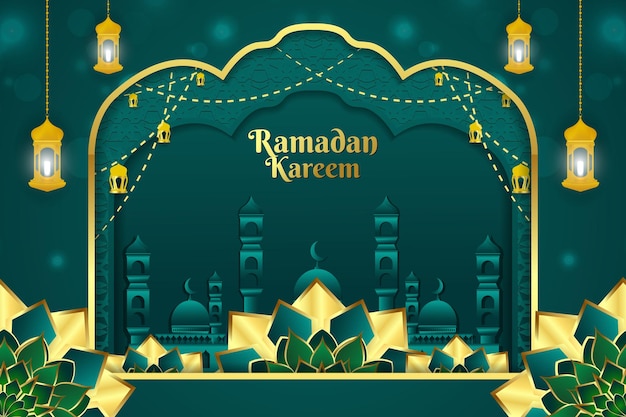 Ramadan kareem elegante islámico con color verde y dorado de mezquita y fondo de elemento