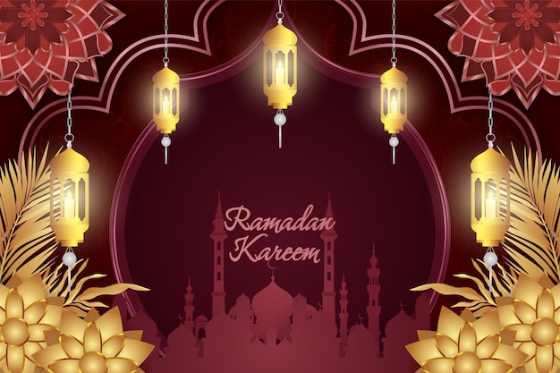Ramadan Kareem estilo islámico rojo y dorado de lujo con mezquita y hermoso adorno