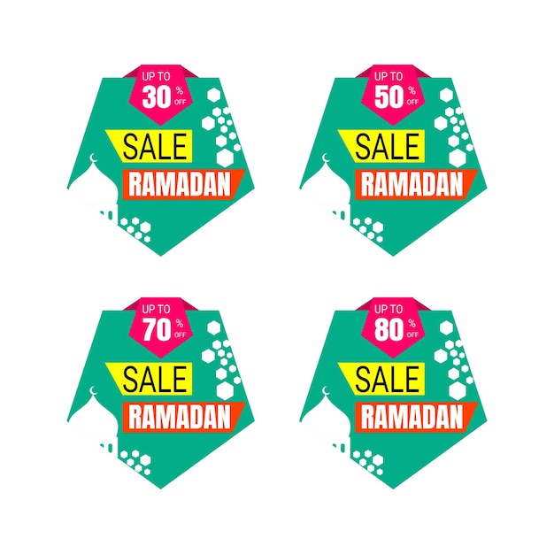 Vector ramadan kareem etiqueta de descuento por ciento precio venta banner perilla insignia cinta conjunto vector diseño