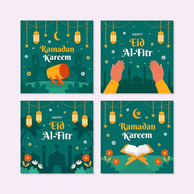 Vector ramadan kareem y feliz eid al fitr conjunto de plantillas de redes sociales