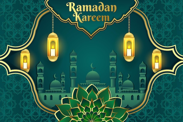 Ramadan Kareem fondo color verde islámico con mezquita