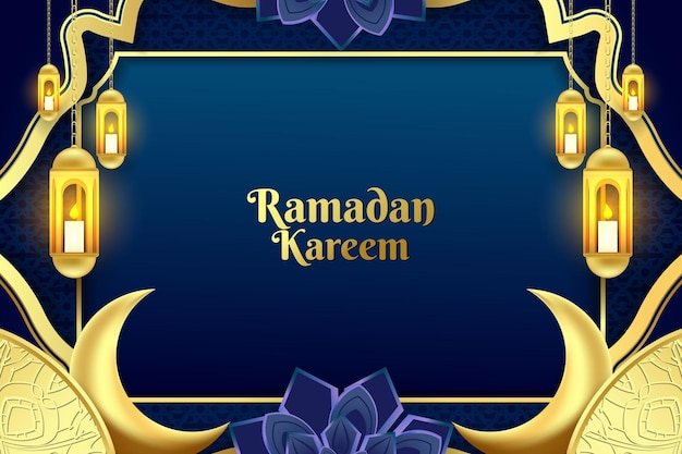 Ramadan kareem fondo dorado y azul con elemento