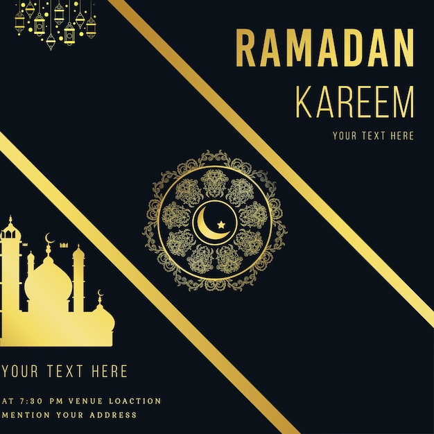 Vector ramadan kareem fondo dorado azul oscuro banner de redes sociales islámicas