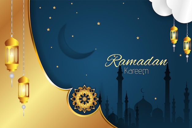 Ramadan kareem fondo islámico azul y dorado con elemento