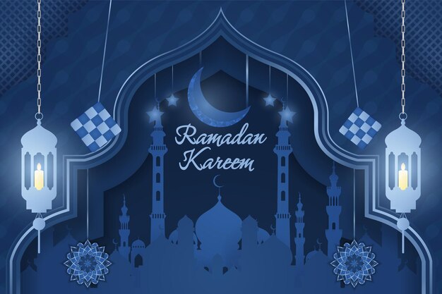 Ramadán Kareem Fondo islámico con mezquita y elemento de línea color azul