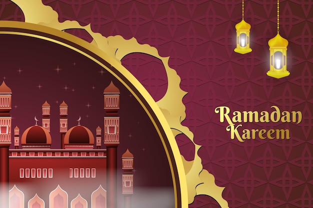 Ramadan Kareem Fondo islámico oro rojo con hermosa mezquita y elemento