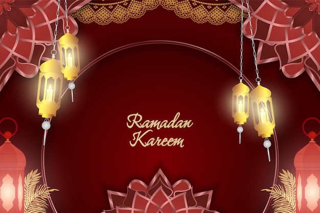 Ramadán Kareem Fondo islámico rojo y dorado con elemento de línea
