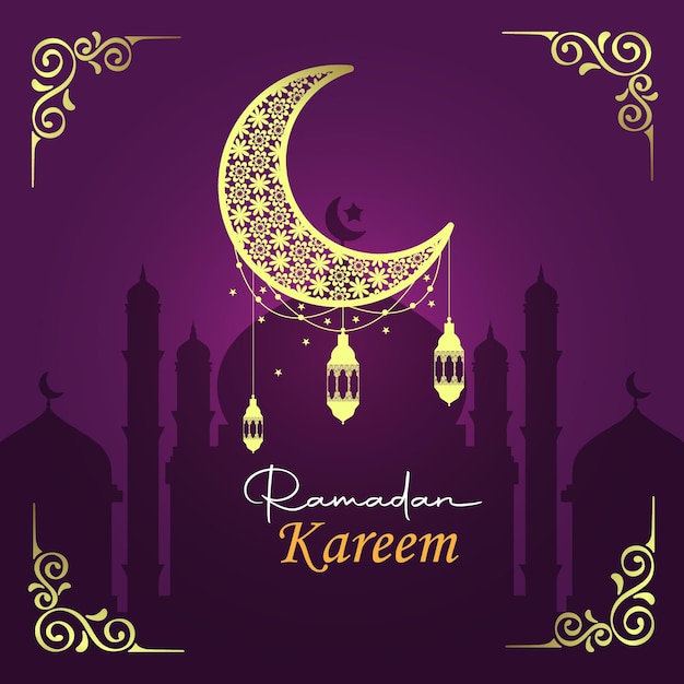 Ramadán Kareem fondo y linternas saludando linterna decorativa y decoración floral islámica