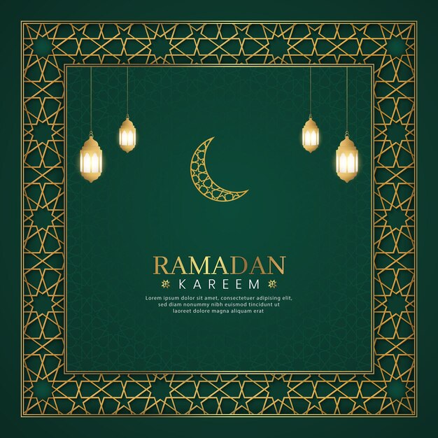 Ramadan Kareem Fondo de lujo verde árabe islámico con marco de patrón geométrico y linternas