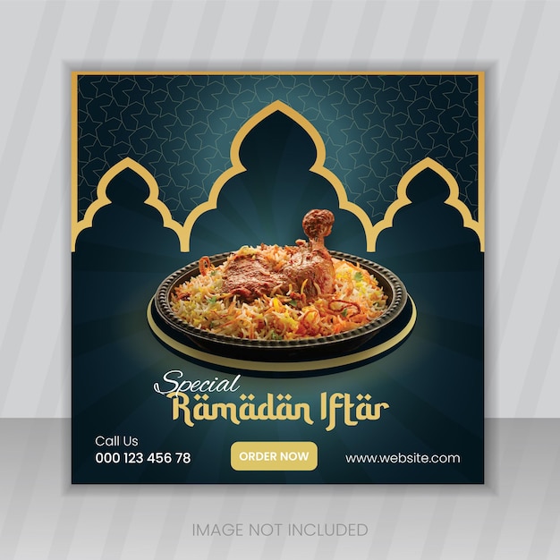 Ramadan Kareem food publicación en redes sociales o banner de restaurante para el evento Ramadan y Eid