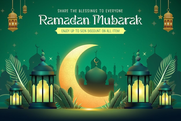 Ramadan Kareem con hermosa media luna y linterna plantilla de diseño de ilustración de banner de redes sociales