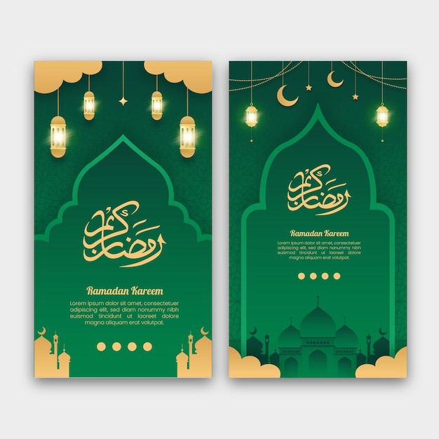 Ramadán Kareem historias de redes sociales plantilla de banner con fondo verde