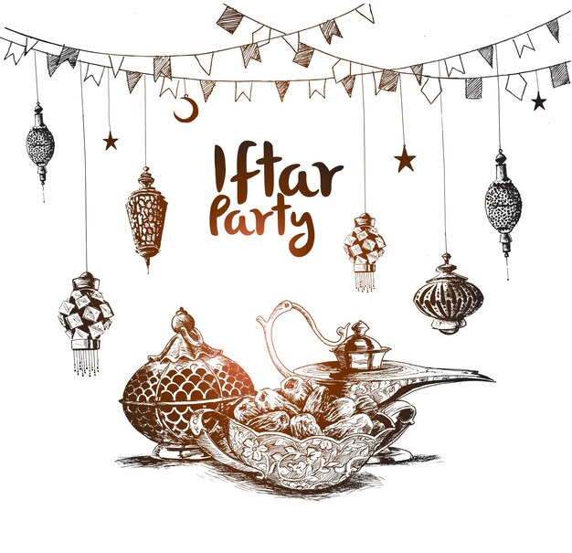 Ramadan Kareem Iftar Fiesta Celebración Eid Sketch Vector ilustración