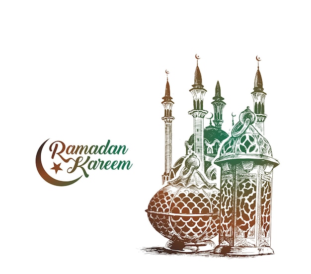 Ramadan Kareem Iftar Fiesta Celebración Eid Sketch Vector ilustración