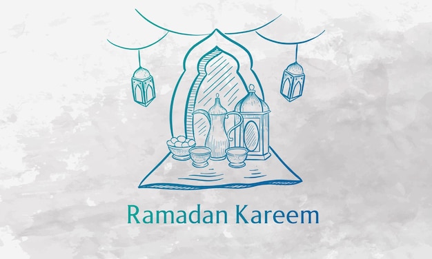 Ramadán Kareem Iftar Party dibujado a mano con ilustración grabada de Fanous Lantern y Iftar Food Vector eps10