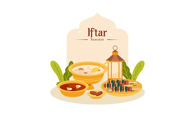 Ramadan Kareem con ilustración de comida en ayunas Iftar