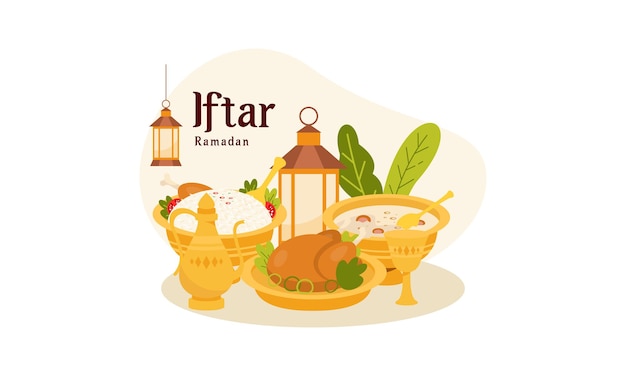 Ramadan kareem con ilustración de comida en ayunas iftar