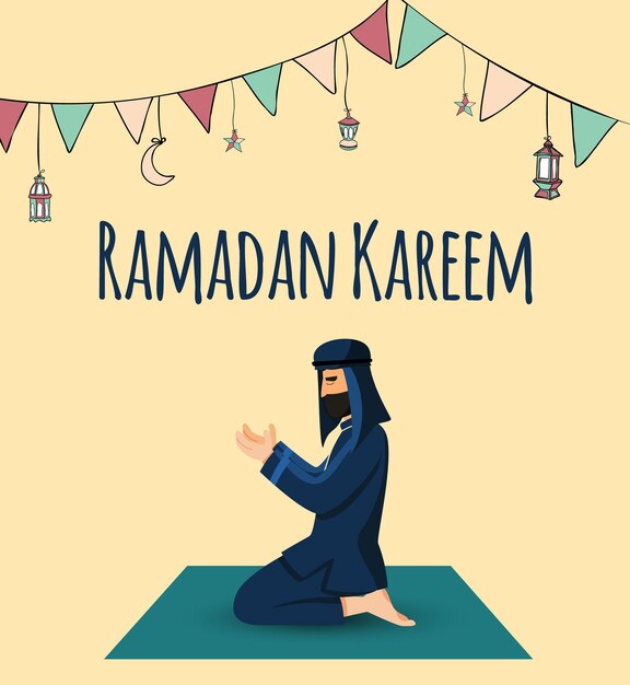 Ramadán kareem. ilustración de vector de hombre musulmán rezando. ramadán, tema islámico y antecedentes.