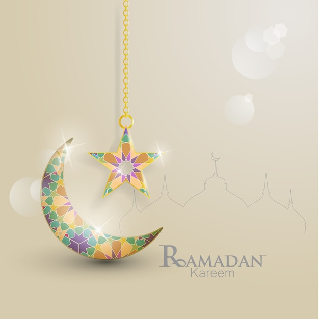 Ramadan kareem. ilustraciones de media luna y estrellas. adornos islámicos con hermosos colores