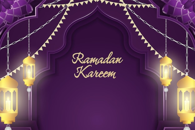 Ramadan Kareem Islámico morado y dorado de lujo con elemento de línea