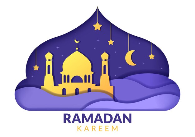 Ramadan Kareem con linternas de mezquita y luna en la ilustración de fondo para la religión islámica
