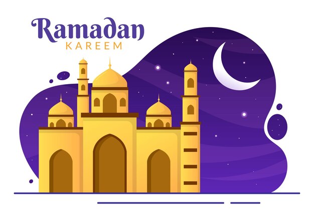 Ramadan Kareem con linternas de mezquita y luna en la ilustración de fondo para la religión islámica