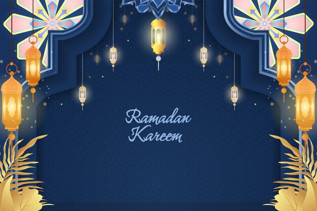 Ramadan Kareem Lujo azul y dorado islámico con elemento