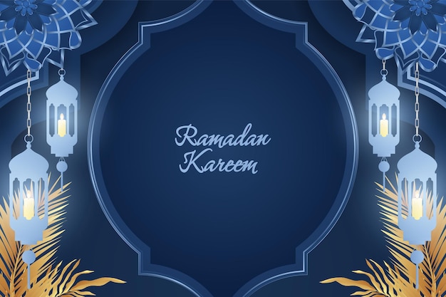 Ramadan Kareem Lujo azul y dorado islámico con hermosa lámpara de adorno