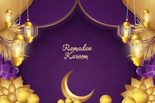 Ramadan Kareem lujo islámico púrpura y dorado con mandala