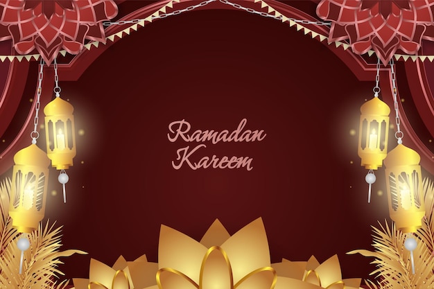 Ramadan Kareem Lujo rojo y dorado islámico con hermoso adorno