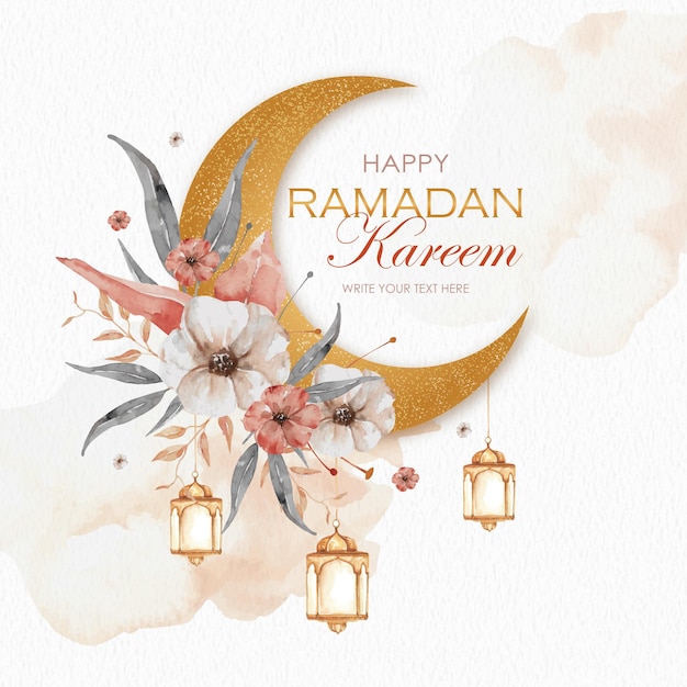 Ramadán kareem con luna dorada y acuarela floral.