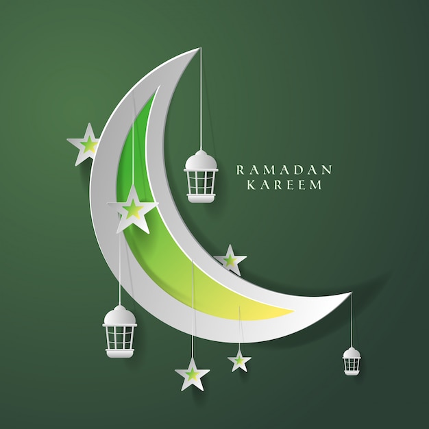 ramadan kareem luna, lámpara y estrella con estilo papercut