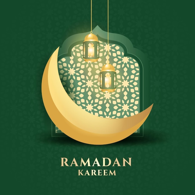 Ramadán kareem con luna y linterna dorada.