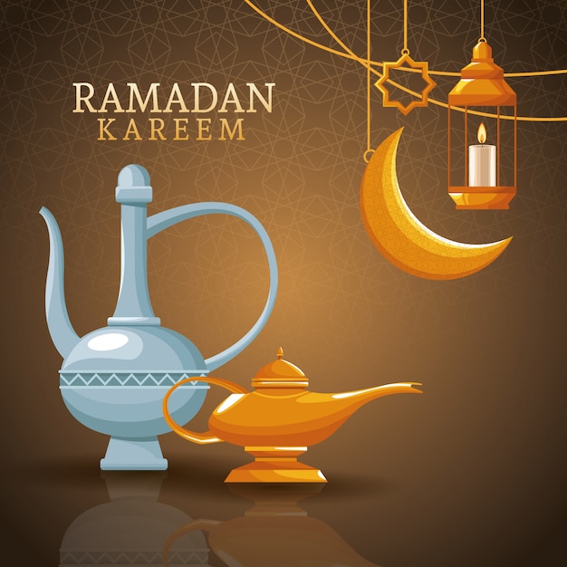 Ramadán kareem con luna menguante y arte islámico