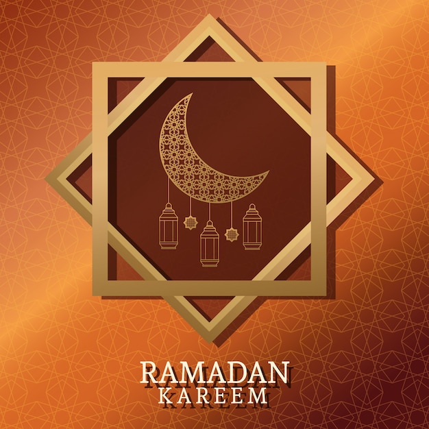 Ramadán kareem con luna menguante y arte islámico