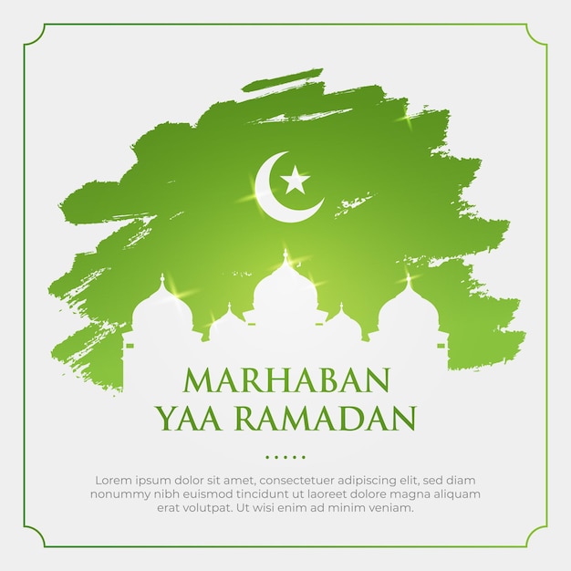 Vector ramadán kareem marhaban ya ramadhan mezquita silueta ilustración con fondo de pincel verde