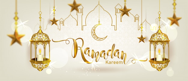 Ramadán kareem con media luna de oro lujosa media luna