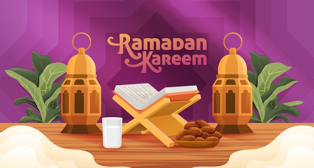 Ramadán Kareem Mes Sagrado del Islam Ilustración de Saludo con Fechas del Corán y Banner de Concepto de Linterna