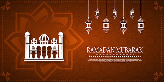 Ramadán Kareem Mubarak deseando una pancarta con diseño vectorial de mezquita y linterna