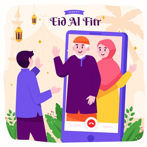 Ramadán kareem mubarak feliz familia musulmana celebrando eid al fitr