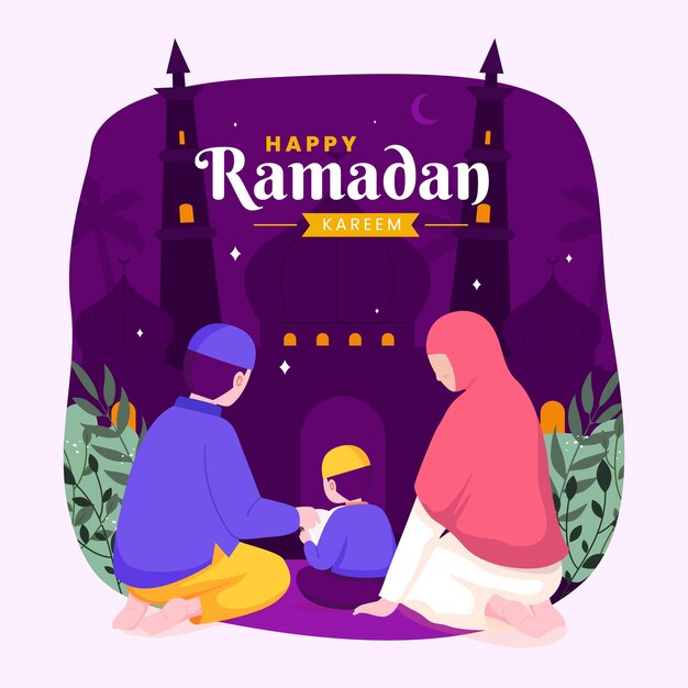 Vector ramadán kareem mubarak con padres enseñando el corán a su hijo durante el ayuno,