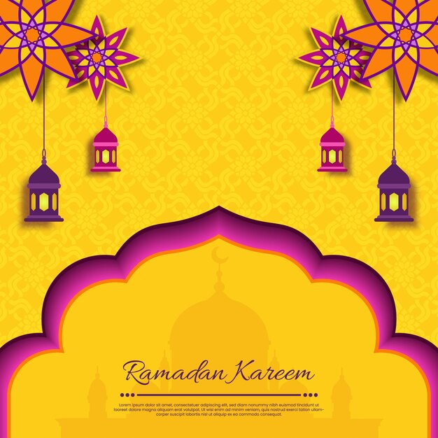 Ramadan Kareem Mubarak post de deseos con diseño vectorial de mezquita y linterna