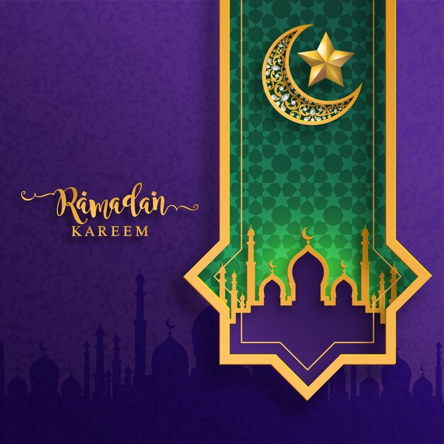 Ramadan Kareem o Eid mubarak saludo fondo islámico con oro estampado y cristales sobre fondo de color de papel.
