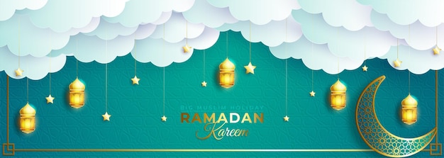 Ramadán kareem o saludo de ramazan mubarak con linterna y media luna en la nube