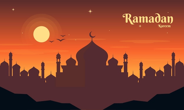 Ramadán Kareem Paisaje de fondo hermoso cielo de puesta de sol de Ramadán con silueta de mezquita islámica