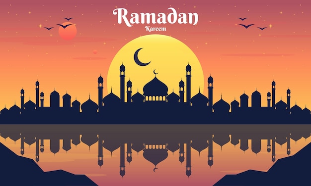 Ramadán Kareem Paisaje de fondo hermoso cielo de puesta de sol de Ramadán con silueta de mezquita islámica