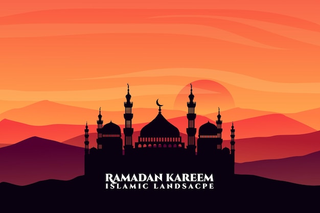 Ramadán kareem paisaje islámico mezquita plana cielo al atardecer