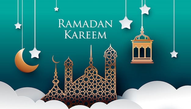 Ramadan kareem papel arte estilo diseño