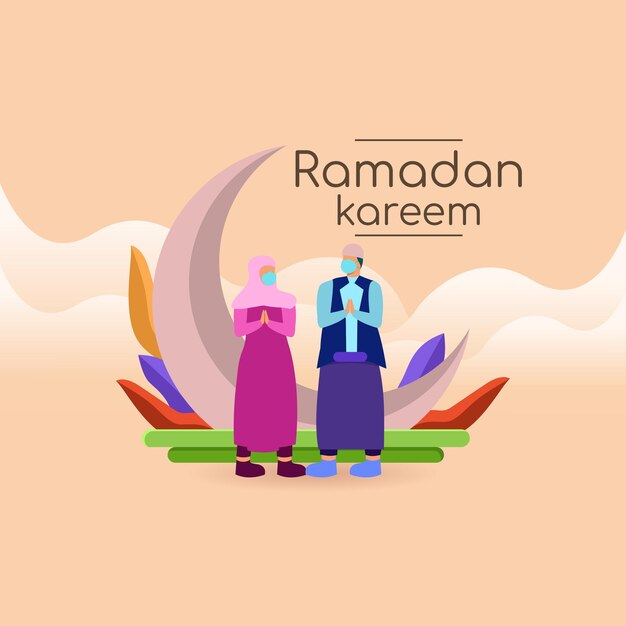 Ramadan kareem personaje musulmán y mezquita en estilo de dibujos animados Vector Premium