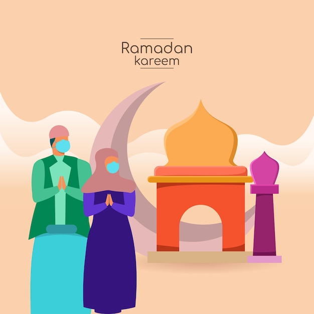 Ramadan kareem personaje musulmán y mezquita en estilo de dibujos animados vector premium